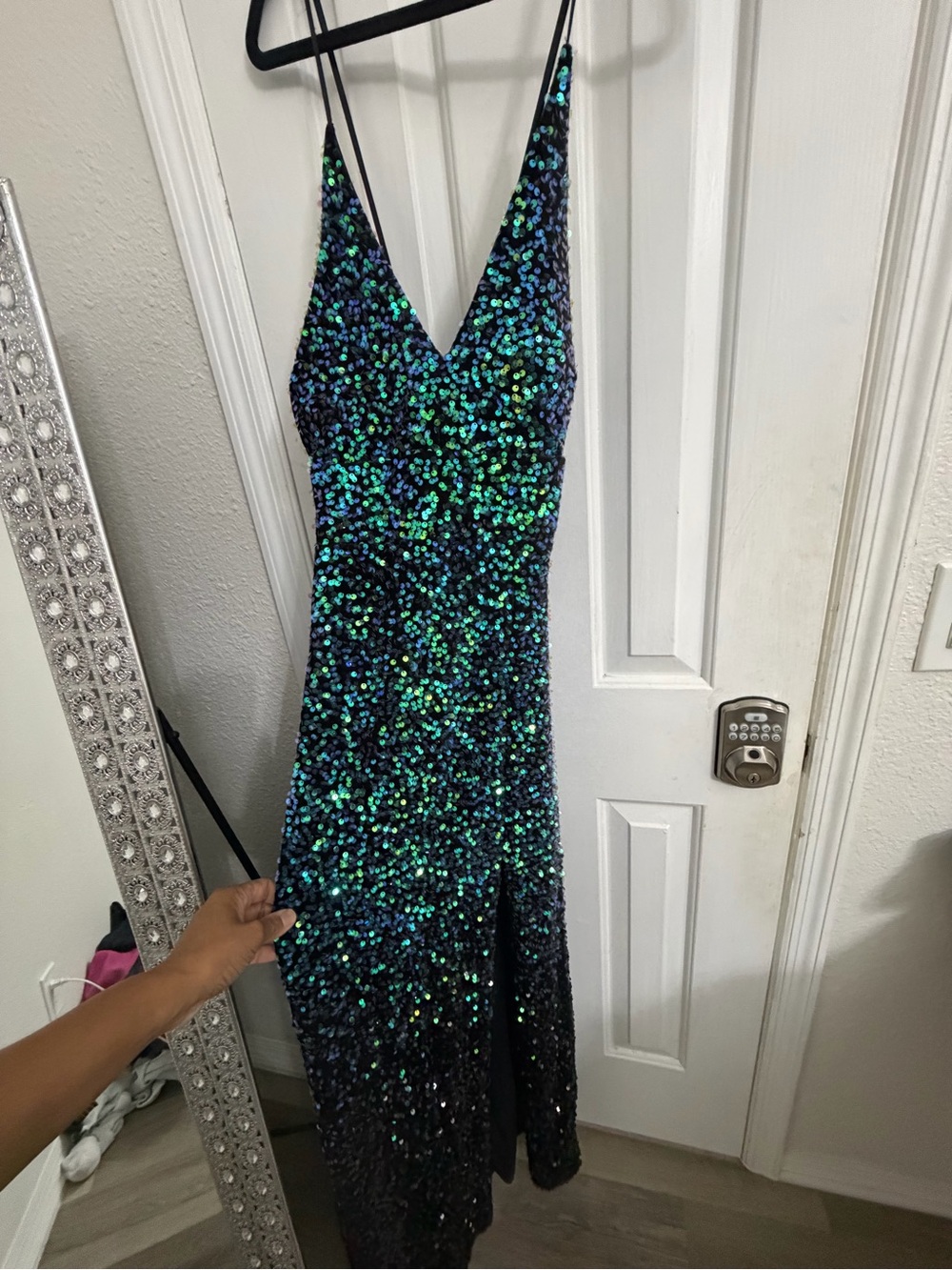 Iridescent Green-Blue Sequin Midi Dress with V-Neck
